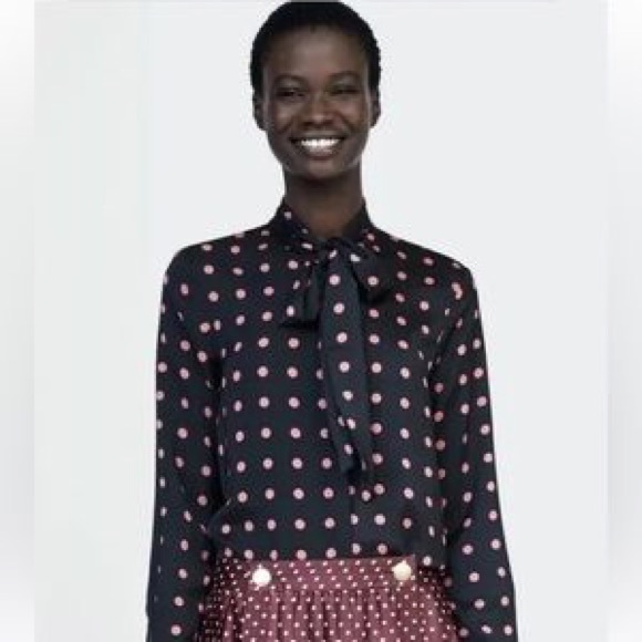ZARA Black Pink Polka Dot Tie
Neck Blouse Top - Medium M - Picture 2 of 10